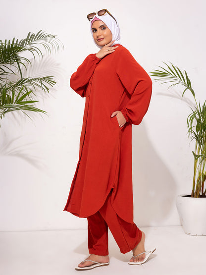 Bold Rust Red Button-Down Modest Set