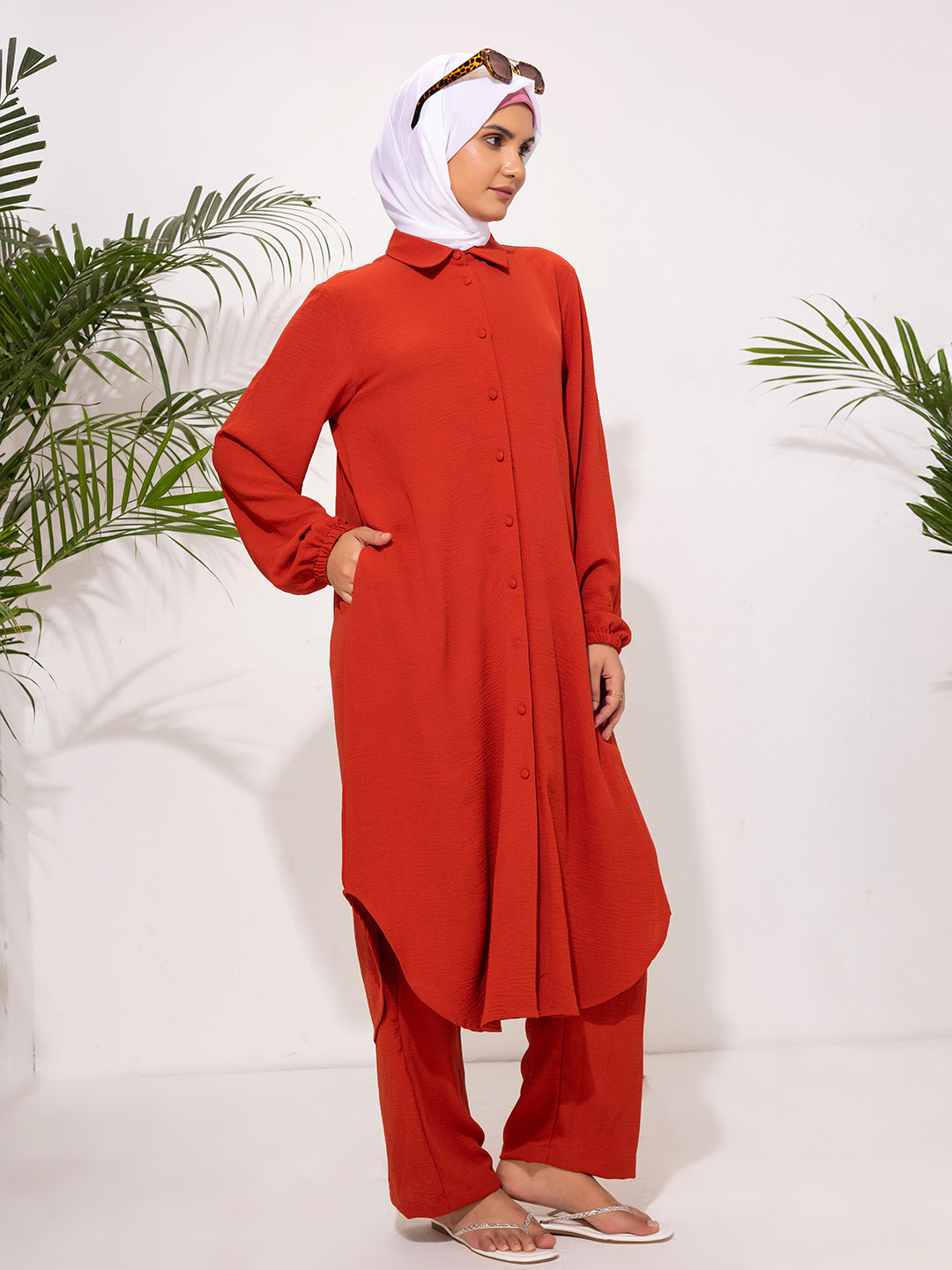 Bold Rust Red Button-Down Modest Set