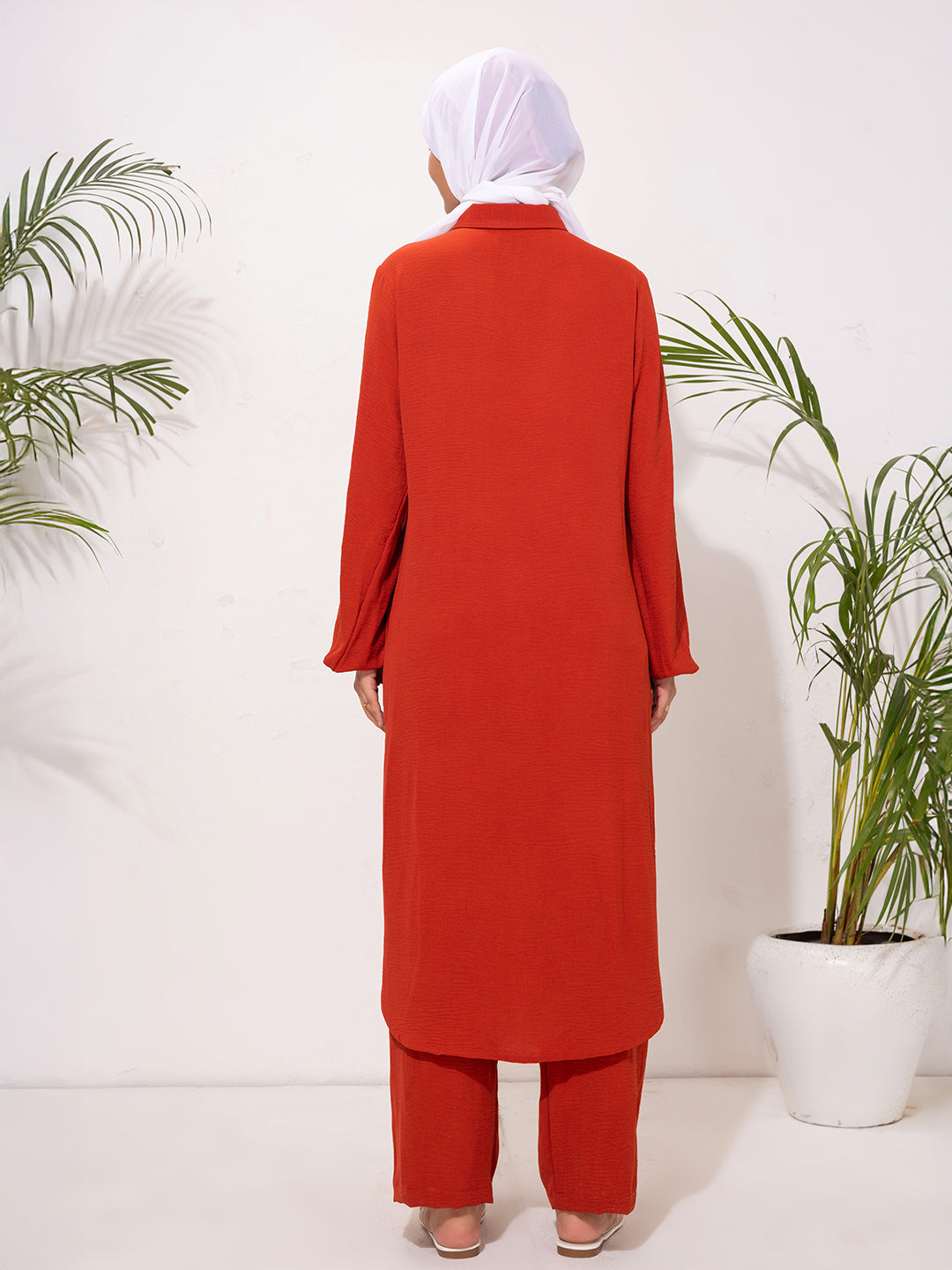 Bold Rust Red Button-Down Modest Set