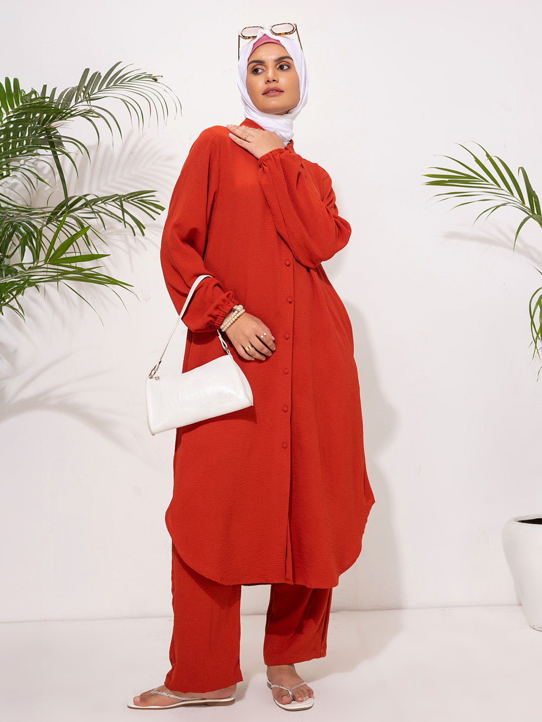 Bold Rust Red Button-Down Modest Set