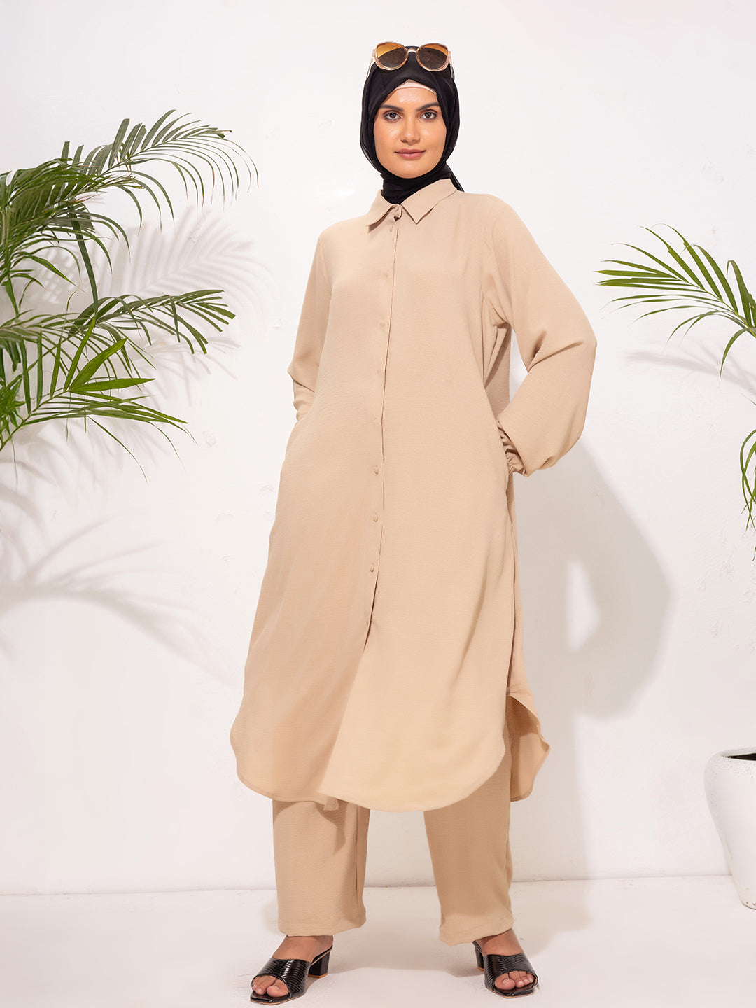 Modest Beige Co-Ord Set – Button-Down Tunic & Straight-Leg Pants