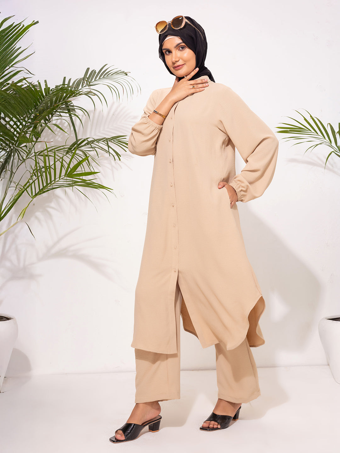 Modest Beige Co-Ord Set – Button-Down Tunic & Straight-Leg Pants