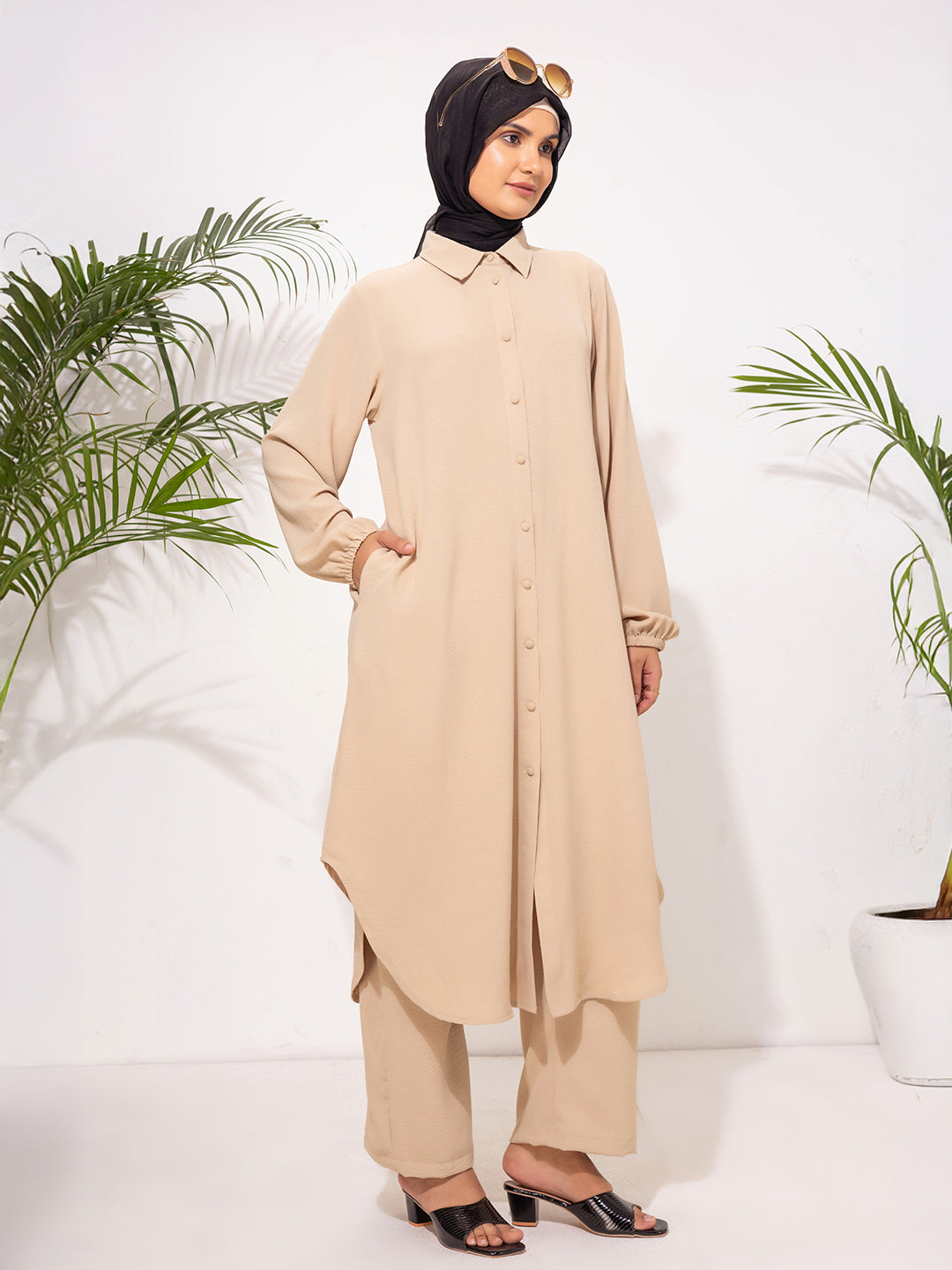 Modest Beige Co-Ord Set – Button-Down Tunic & Straight-Leg Pants