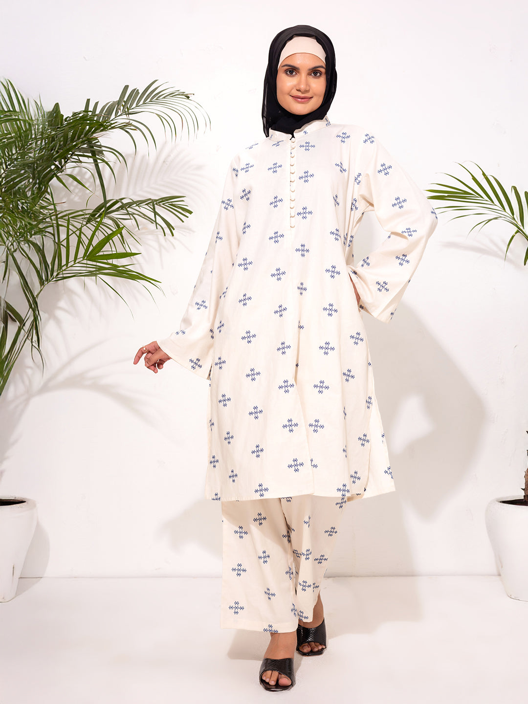 Modest Embroidered Co-Ord Set – Cream with Blue  Embroidery Motif