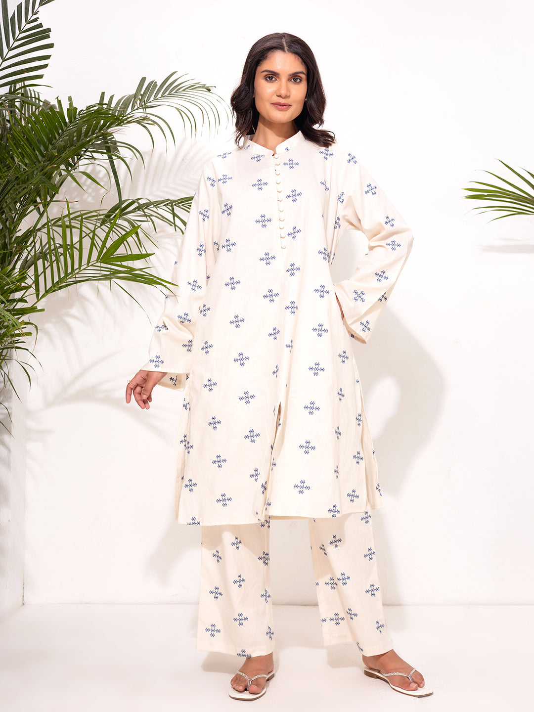Modest Embroidered Co-Ord Set – Cream with Blue  Embroidery Motif