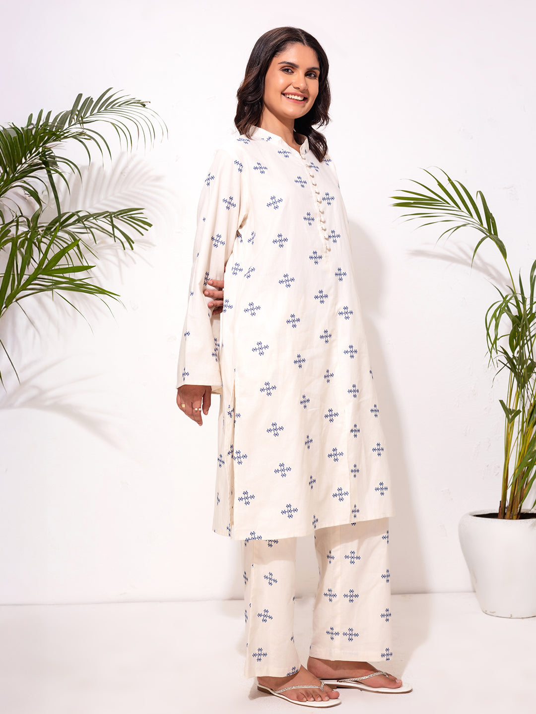 Modest Embroidered Co-Ord Set – Cream with Blue  Embroidery Motif