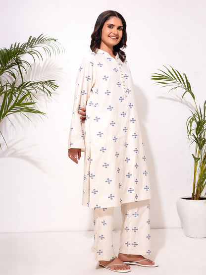 Modest Embroidered Co-Ord Set – Cream with Blue  Embroidery Motif