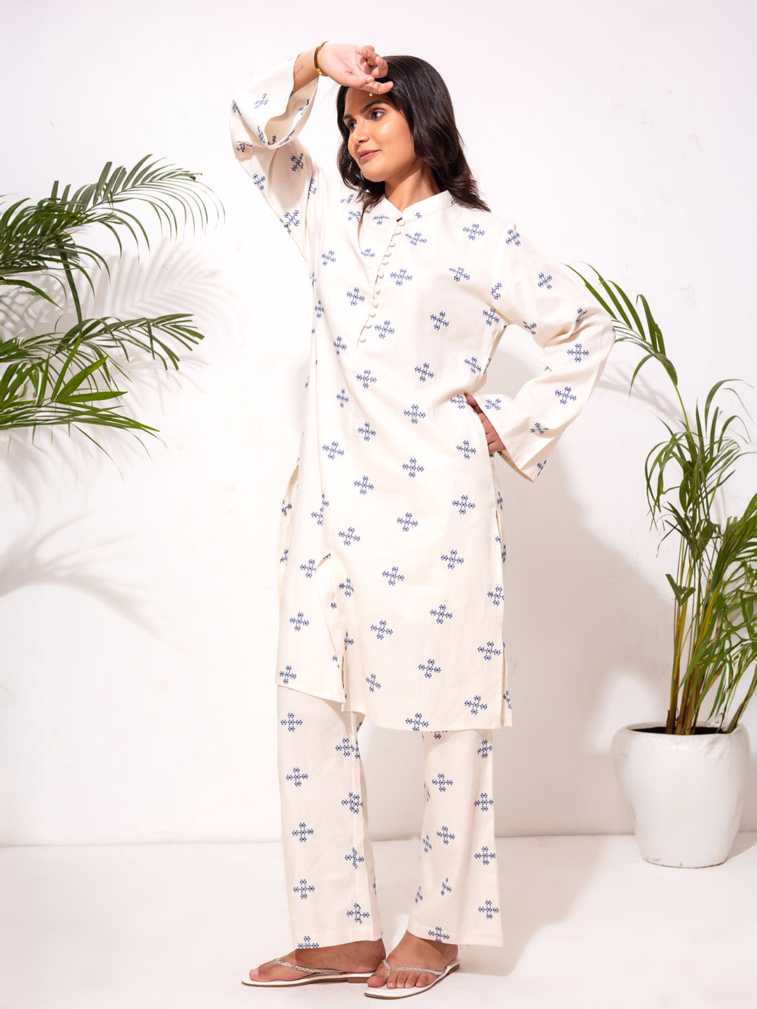 Modest Embroidered Co-Ord Set – Cream with Blue  Embroidery Motif