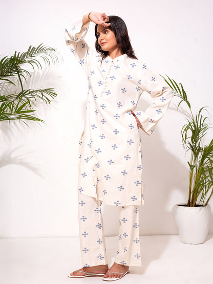 Modest Embroidered Co-Ord Set – Cream with Blue  Embroidery Motif