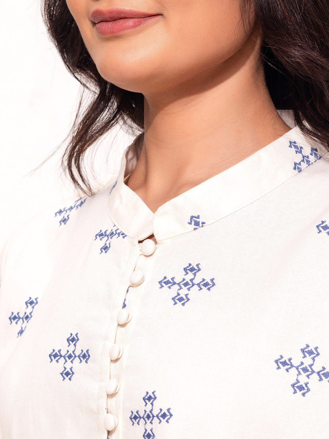 Modest Embroidered Co-Ord Set – Cream with Blue  Embroidery Motif