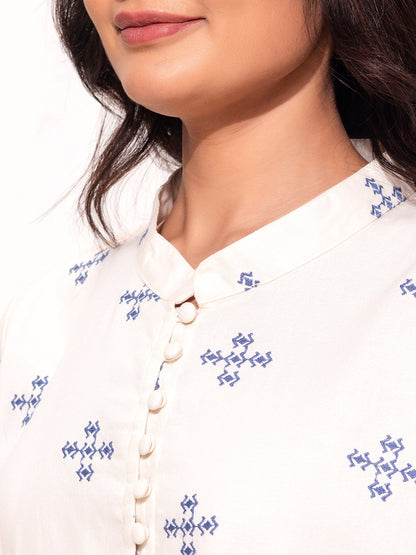 Modest Embroidered Co-Ord Set – Cream with Blue  Embroidery Motif