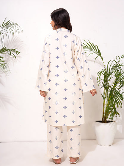 Modest Embroidered Co-Ord Set – Cream with Blue  Embroidery Motif