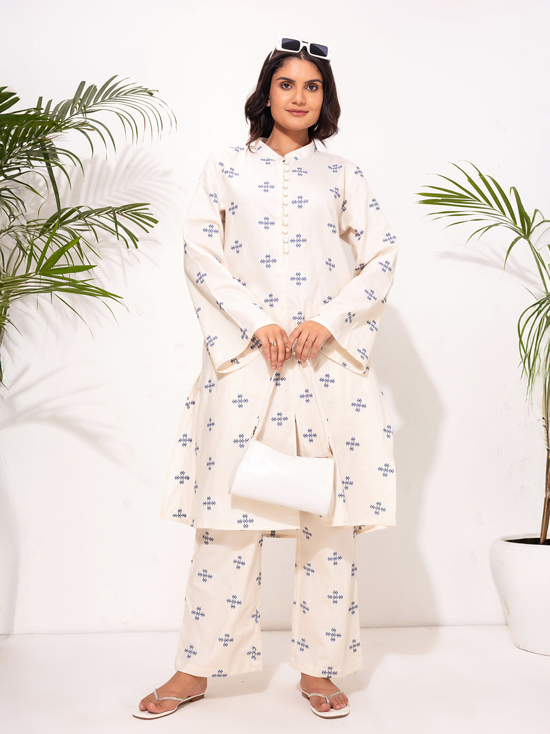 Modest Embroidered Co-Ord Set – Cream with Blue  Embroidery Motif