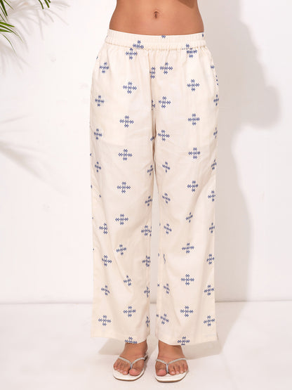 Modest Embroidered Co-Ord Set – Cream with Blue  Embroidery Motif