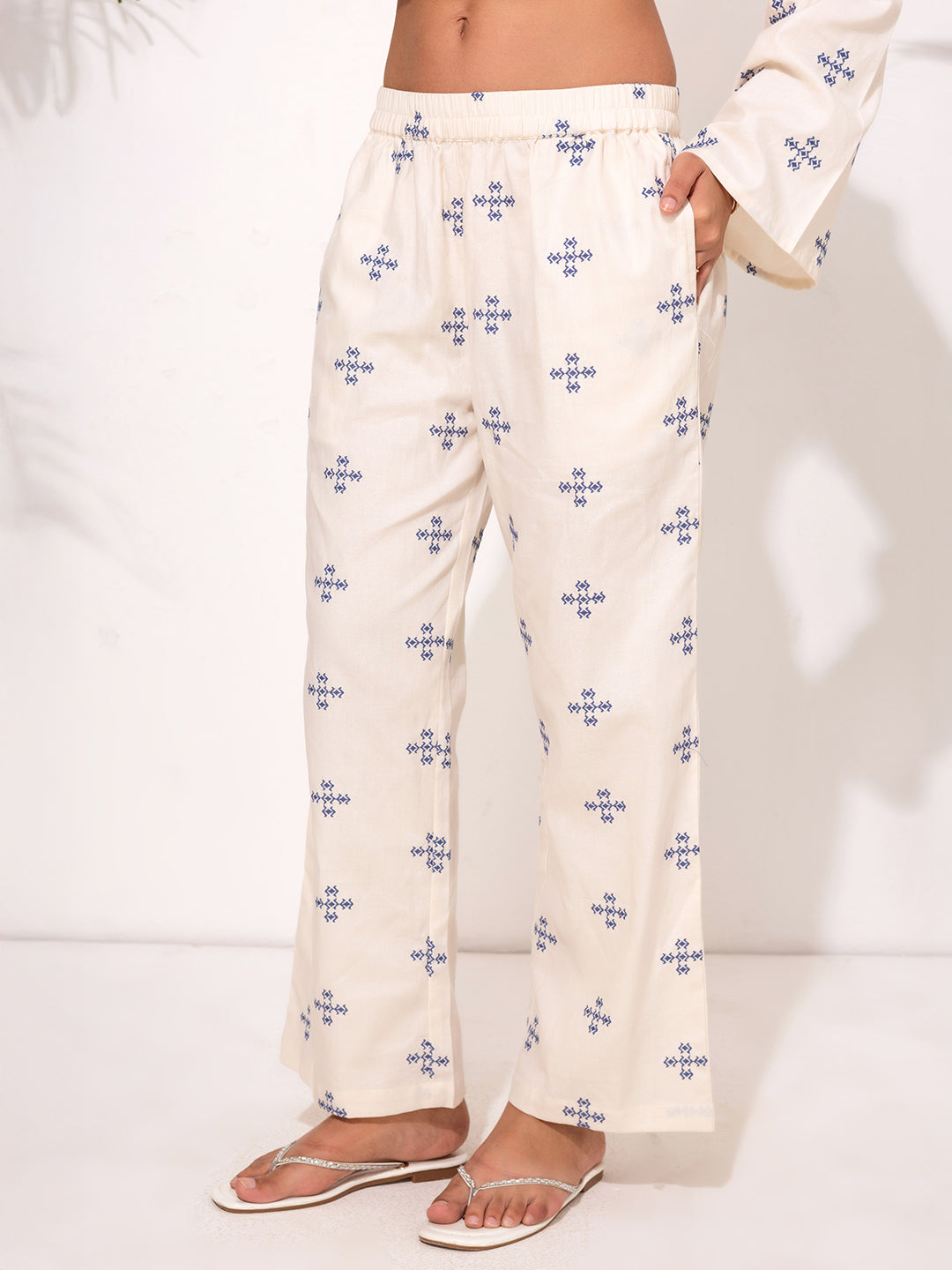 Modest Embroidered Co-Ord Set – Cream with Blue  Embroidery Motif