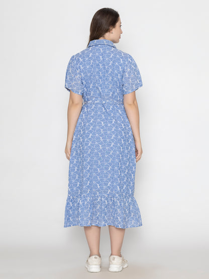 SANASH Collections Floral Printed Cotton Shirt Midi Dress With Belt