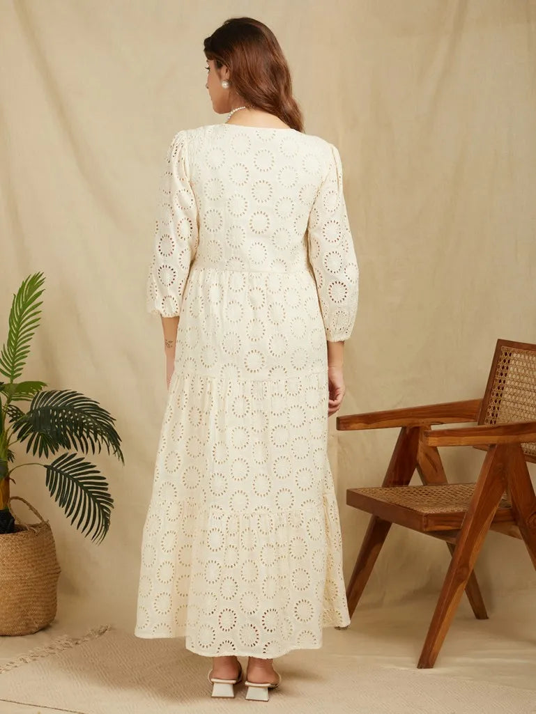 SANASH Collections Self Design Puff Sleeve Cotton Schiffli Tiered Maxi Dress