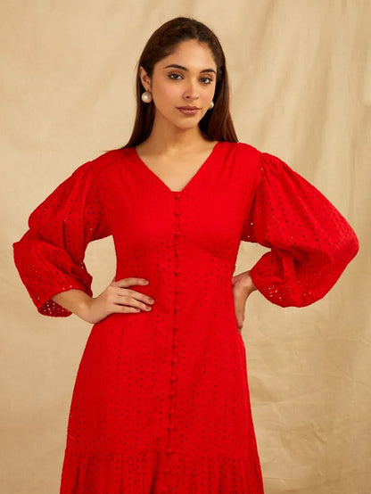 SANASH Collections Embroidered Puffed Sleeves Tiered Cotton Fit and Flare Maxi Dress