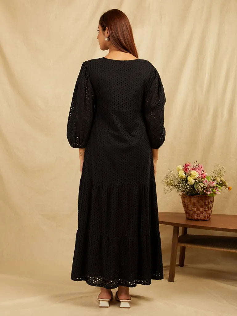 SANASH Collections Embroidered Puffed Sleeves Tiered Cotton Fit and Flare Maxi Dress