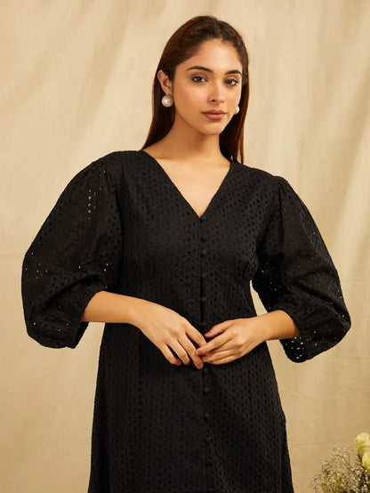 SANASH Collections Embroidered Puffed Sleeves Tiered Cotton Fit and Flare Maxi Dress