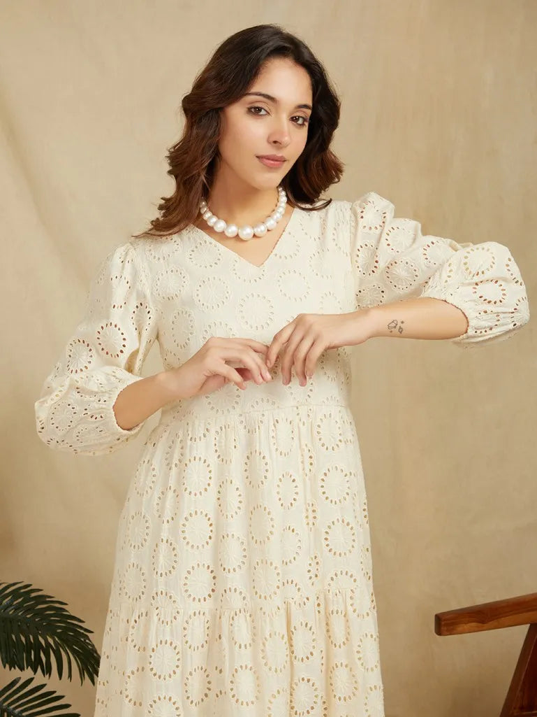 SANASH Collections Self Design Puff Sleeve Cotton Schiffli Tiered Maxi Dress