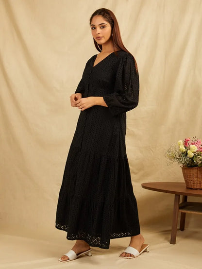 SANASH Collections Embroidered Puffed Sleeves Tiered Cotton Fit and Flare Maxi Dress