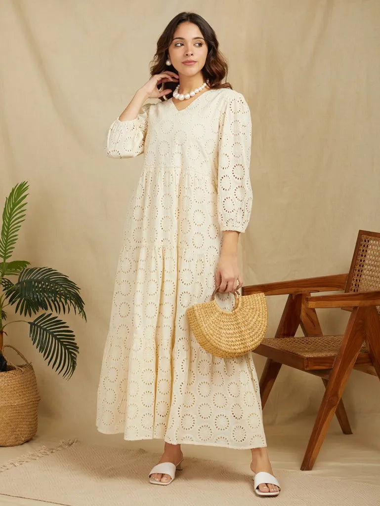 SANASH Collections Self Design Puff Sleeve Cotton Schiffli Tiered Maxi Dress