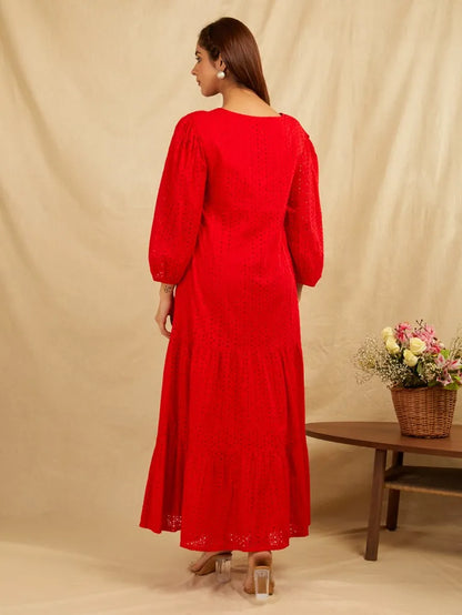 SANASH Collections Embroidered Puffed Sleeves Tiered Cotton Fit and Flare Maxi Dress