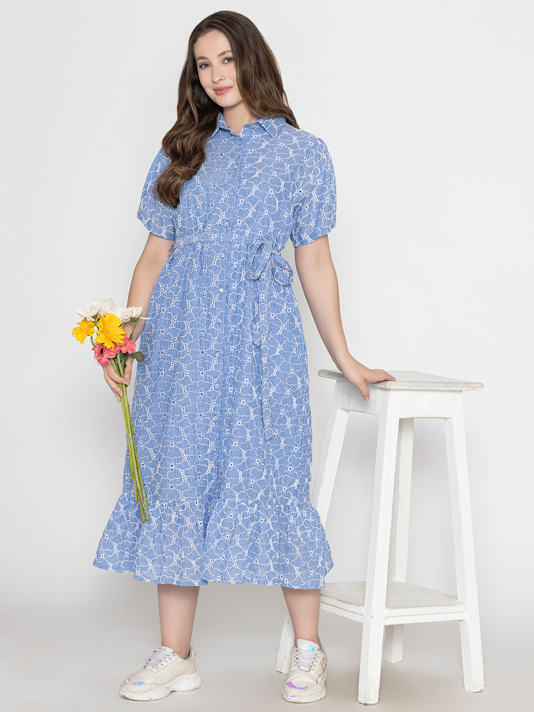 SANASH Collections Floral Printed Cotton Shirt Midi Dress With Belt