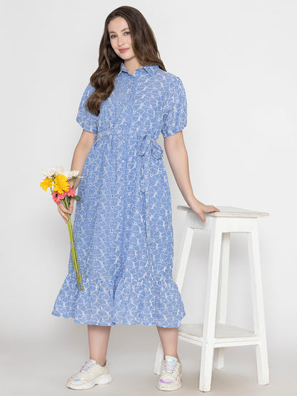 SANASH Collections Floral Printed Cotton Shirt Midi Dress With Belt