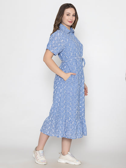 SANASH Collections Floral Printed Cotton Shirt Midi Dress With Belt