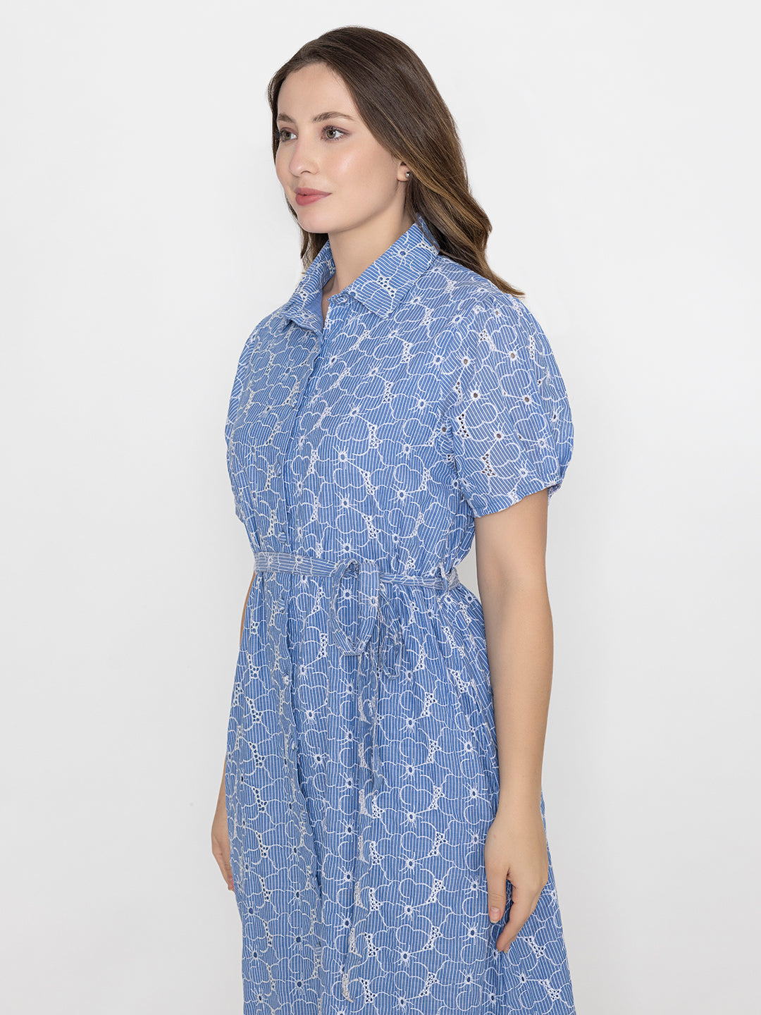 SANASH Collections Floral Printed Cotton Shirt Midi Dress With Belt
