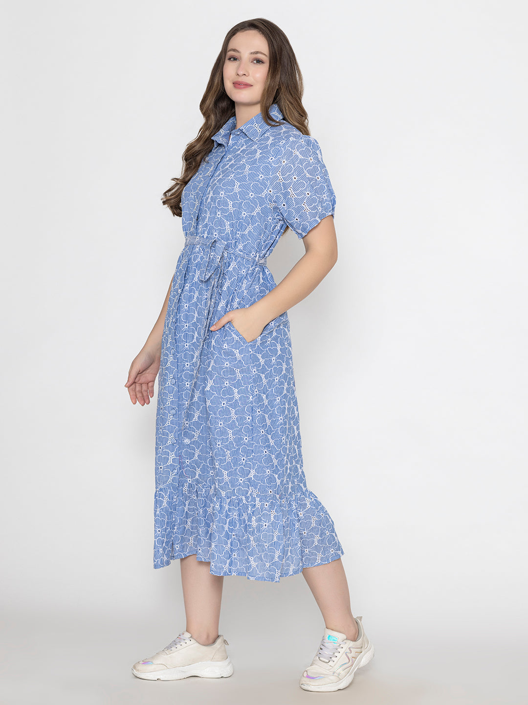 SANASH Collections Floral Printed Cotton Shirt Midi Dress With Belt