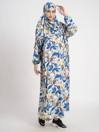 Chic Leaf Print Prayer Gown Blue