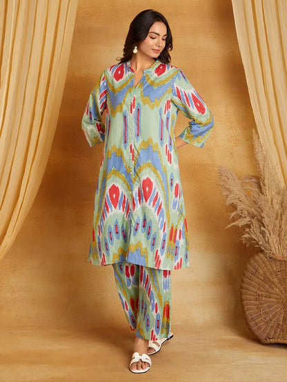 Multicolor Printed Cotton Kurta with Pants- Set of 2