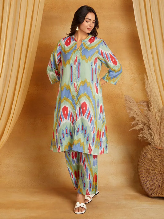 Multicolor Printed Cotton Kurta with Pants- Set of 2