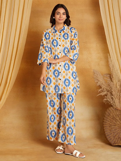 White Blue Printed Cotton Co-ord Set- Set of 2