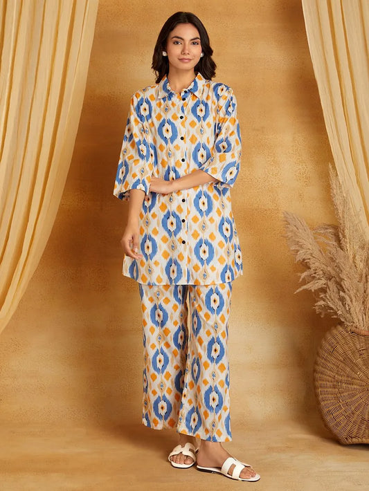 White Blue Printed Cotton Co-ord Set- Set of 2