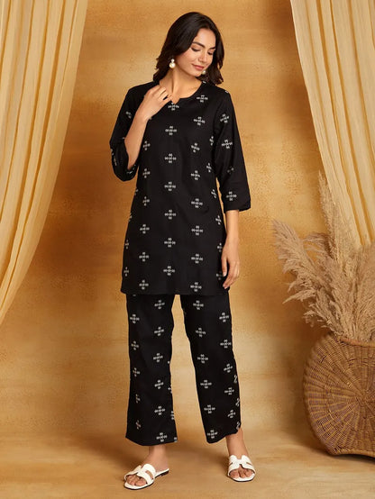 Black Embroidered Viscose Linen Kurta with Pants- Set of 2