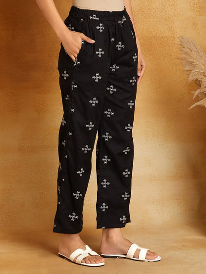 Black Embroidered Viscose Linen Kurta with Pants- Set of 2