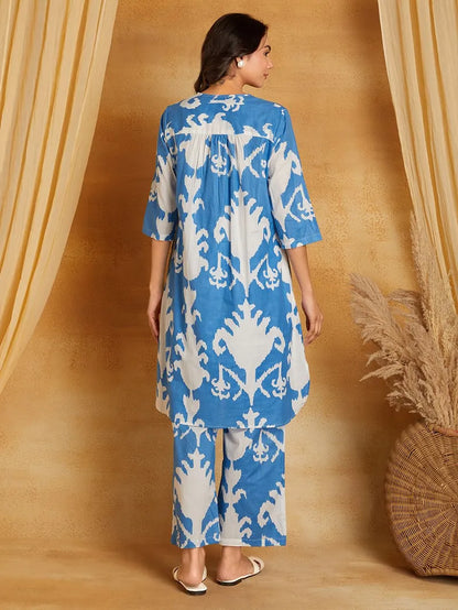 Blue Printed Cotton Kurta with Pants- Set of 2