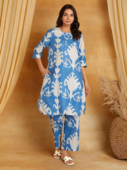 Blue Printed Cotton Kurta with Pants- Set of 2