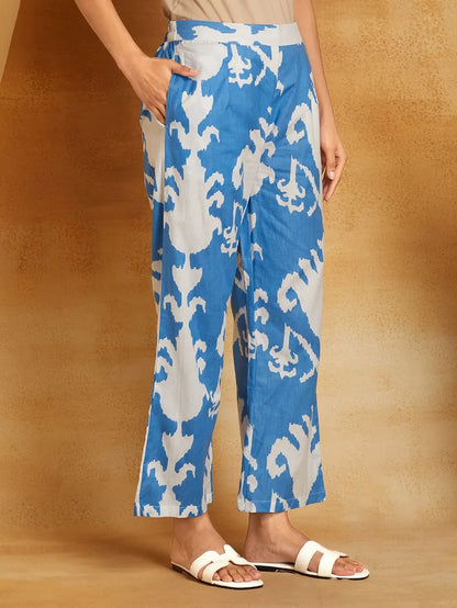 Blue Printed Cotton Kurta with Pants- Set of 2