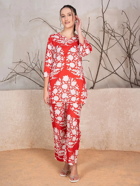 Red White Printed Cotton Kurta with Pants- Set of 2