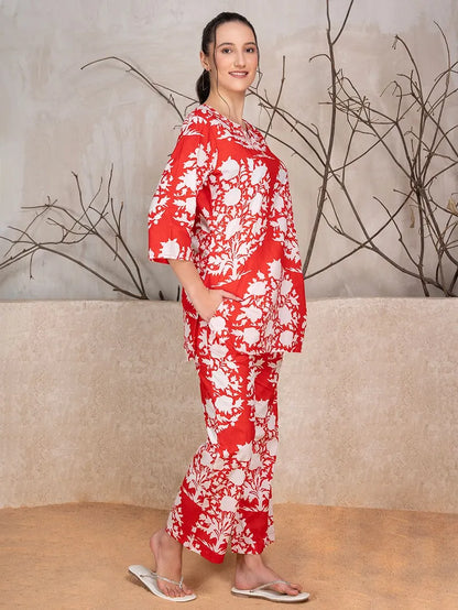 Red White Printed Cotton Kurta with Pants- Set of 2
