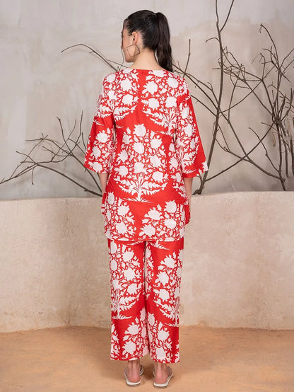 Red White Printed Cotton Kurta with Pants- Set of 2