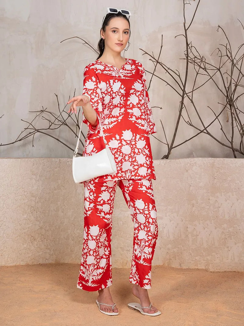 Red White Printed Cotton Kurta with Pants- Set of 2