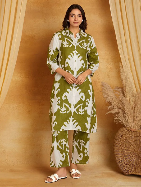 Mehndi Green Printed Cotton Kurta with Pants- Set of 2