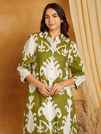 Mehndi Green Printed Cotton Kurta with Pants- Set of 2
