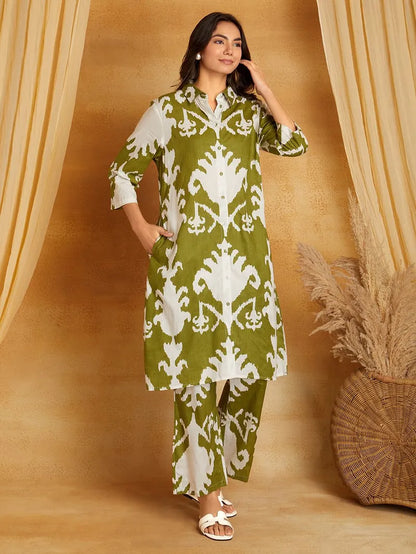 Mehndi Green Printed Cotton Kurta with Pants- Set of 2